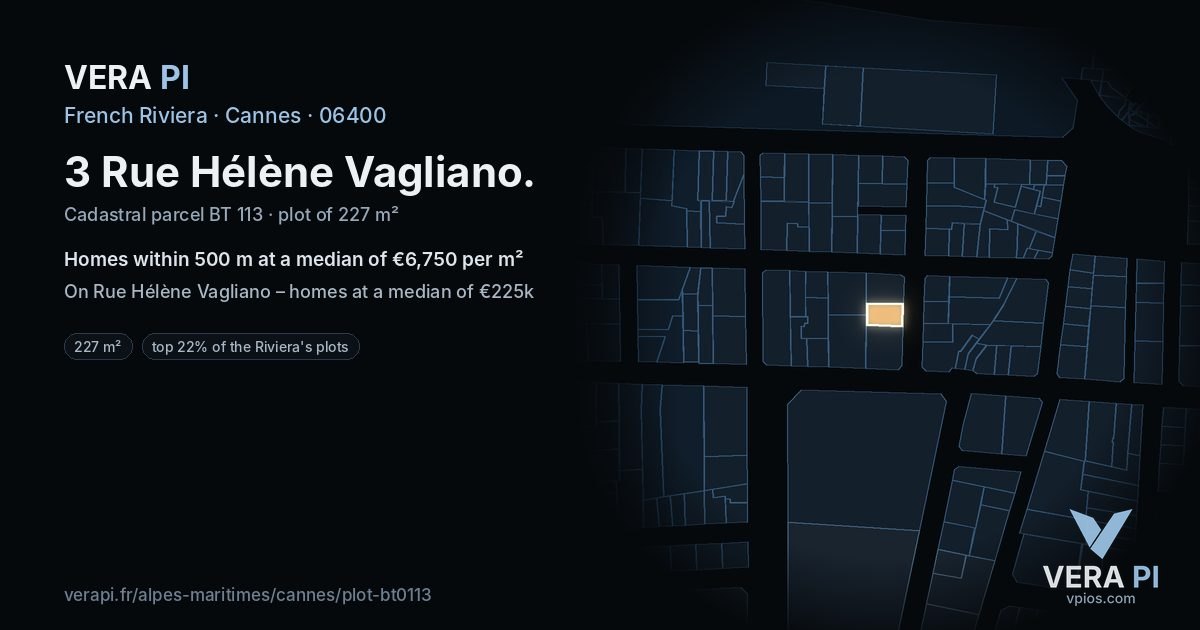 3 Rue Hélène Vagliano, Cannes at night – the plot lit, the parcels around coloured by the prices near them