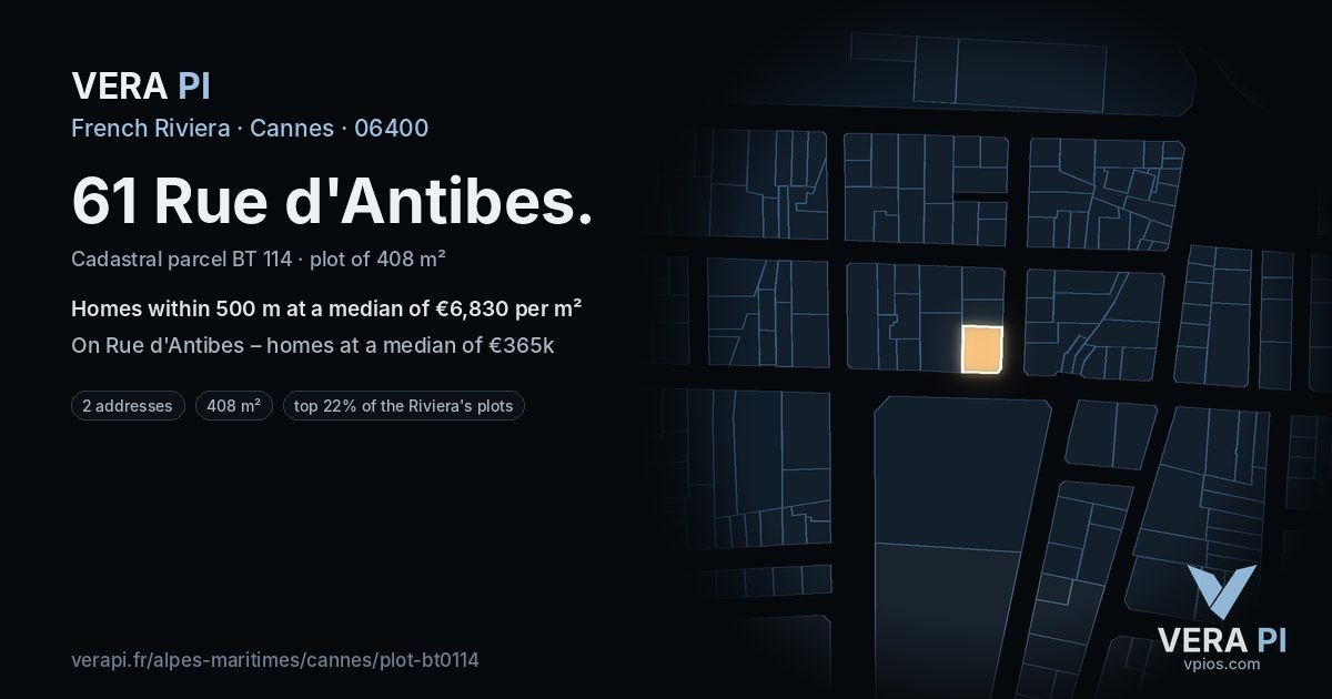 61 Rue d'Antibes, Cannes at night – the plot lit, the parcels around coloured by the prices near them