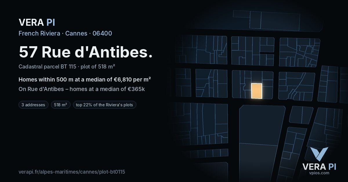 57 Rue d'Antibes, Cannes at night – the plot lit, the parcels around coloured by the prices near them