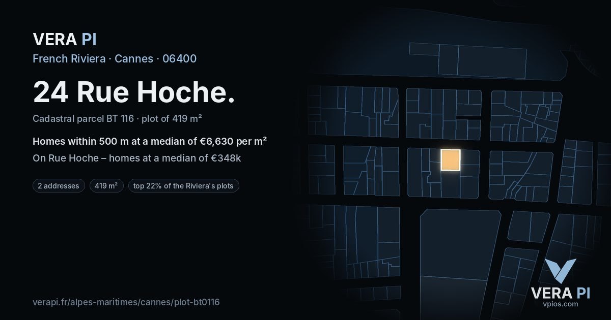 24 Rue Hoche, Cannes at night – the plot lit, the parcels around coloured by the prices near them