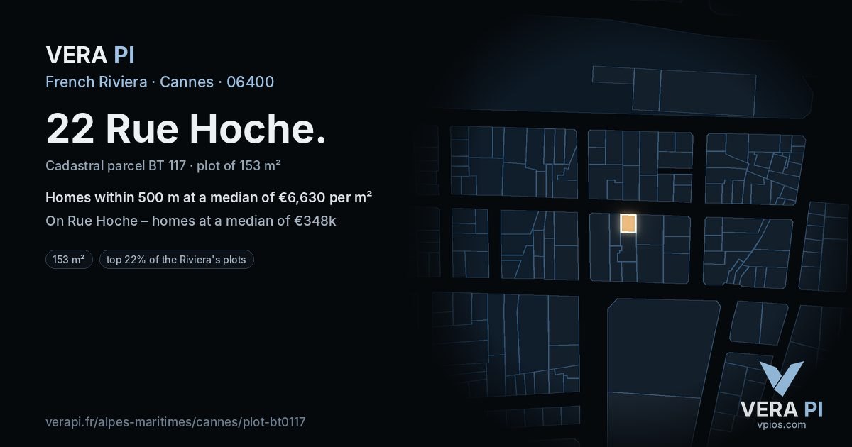 22 Rue Hoche, Cannes at night – the plot lit, the parcels around coloured by the prices near them