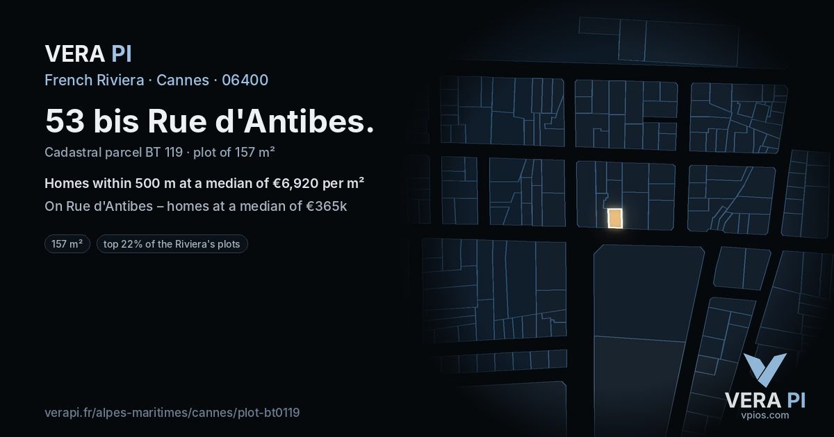 53 bis Rue d'Antibes, Cannes at night – the plot lit, the parcels around coloured by the prices near them
