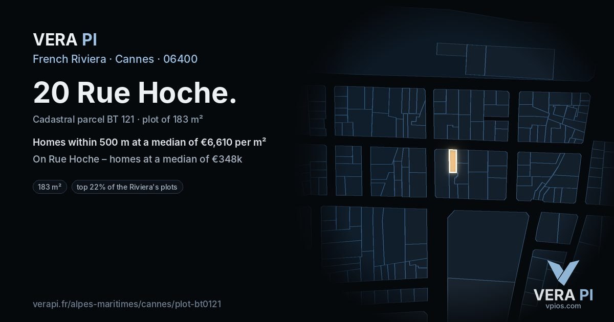 20 Rue Hoche, Cannes at night – the plot lit, the parcels around coloured by the prices near them