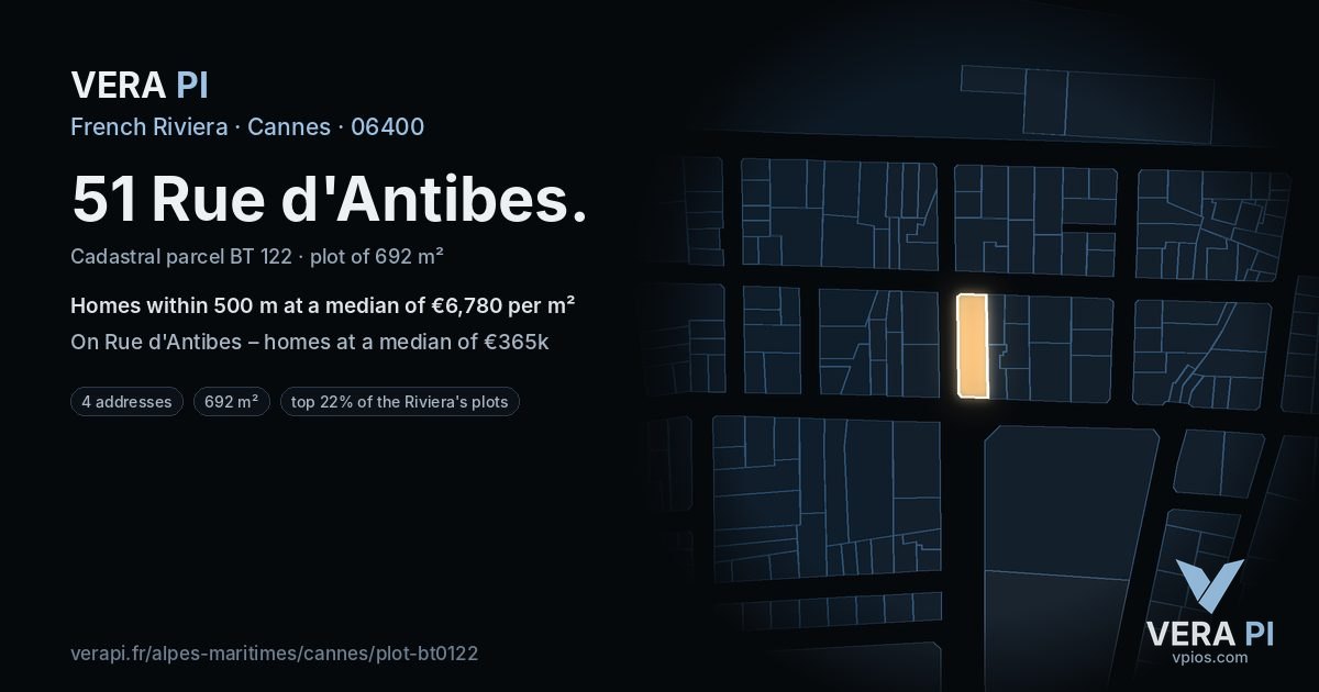 51 Rue d'Antibes, Cannes at night – the plot lit, the parcels around coloured by the prices near them