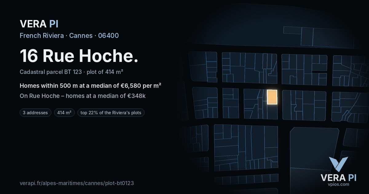 16 Rue Hoche, Cannes at night – the plot lit, the parcels around coloured by the prices near them