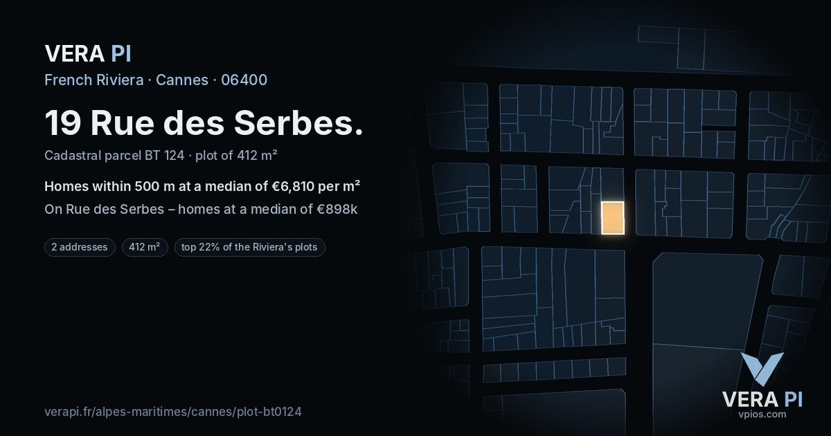 19 Rue des Serbes, Cannes at night – the plot lit, the parcels around coloured by the prices near them