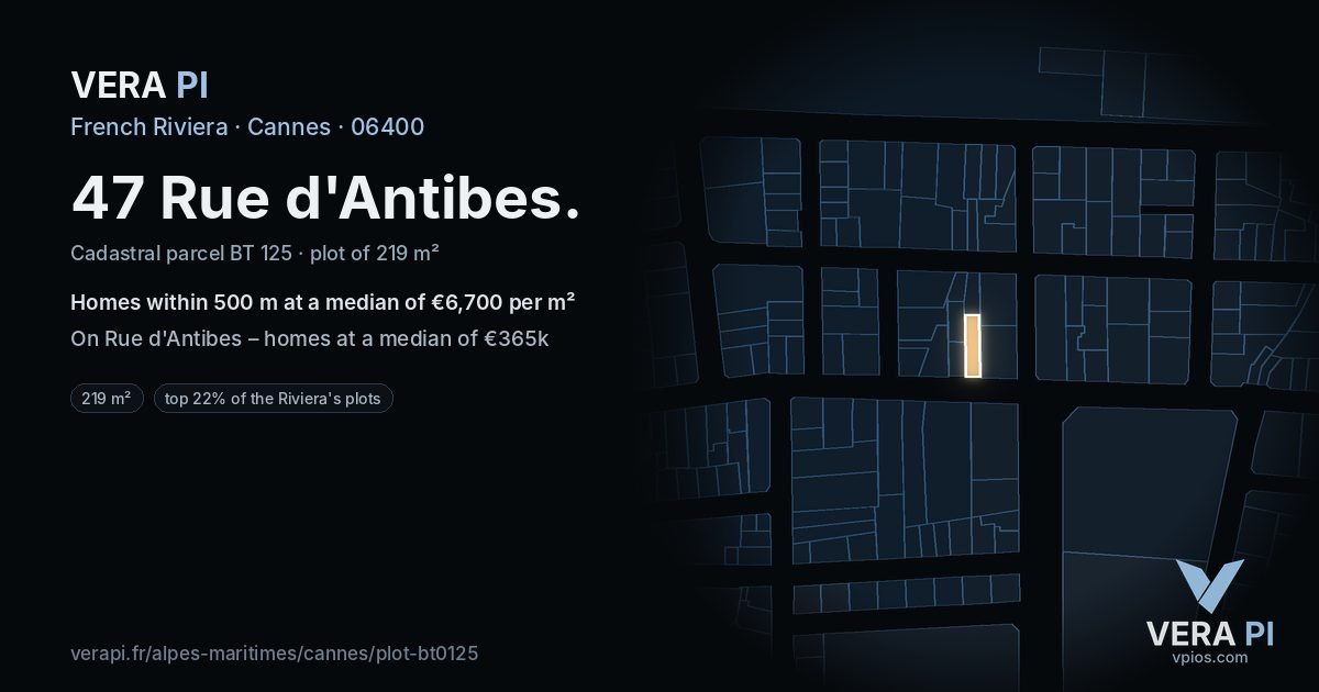 47 Rue d'Antibes, Cannes at night – the plot lit, the parcels around coloured by the prices near them