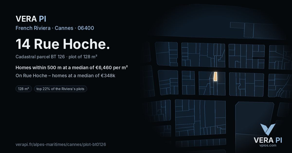 14 Rue Hoche, Cannes at night – the plot lit, the parcels around coloured by the prices near them