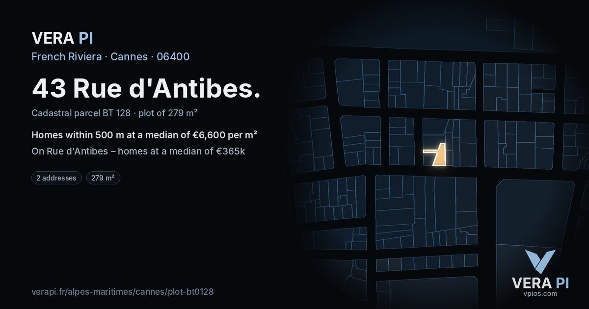 43 Rue d'Antibes, Cannes at night – the plot lit, the parcels around coloured by the prices near them