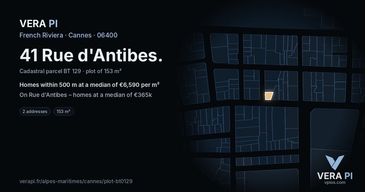 41 Rue d'Antibes, Cannes at night – the plot lit, the parcels around coloured by the prices near them