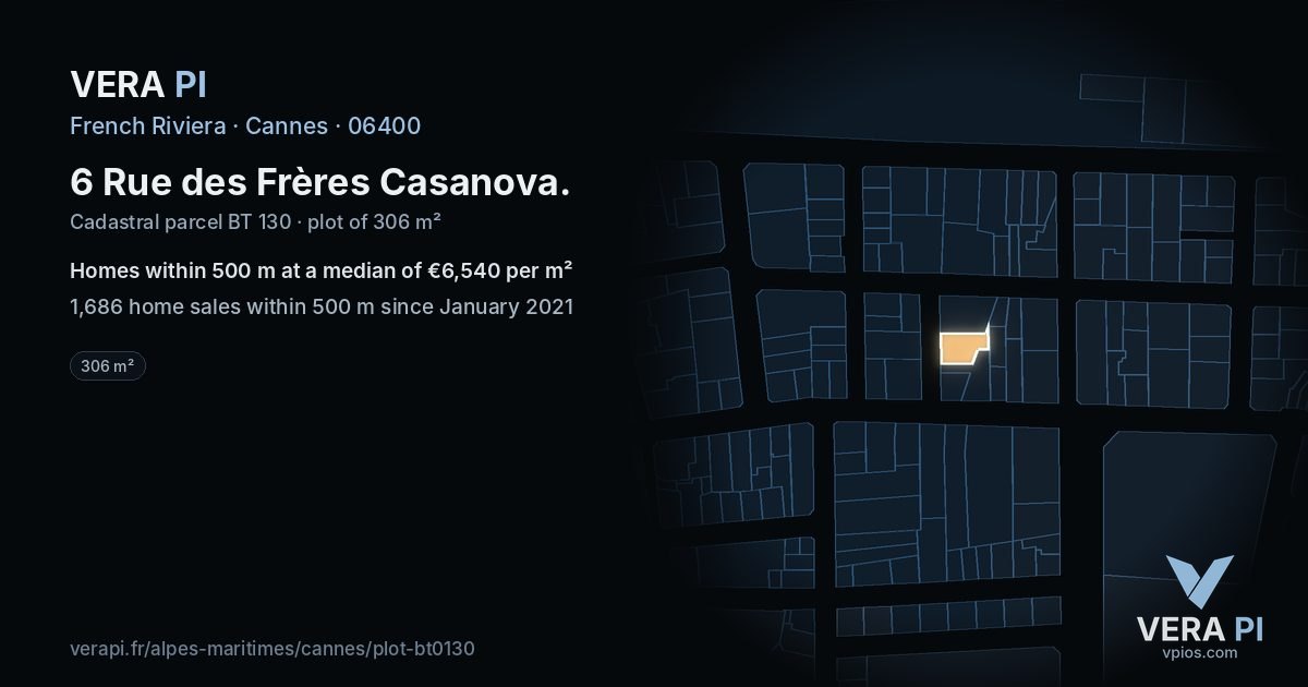 6 Rue des Frères Casanova, Cannes at night – the plot lit, the parcels around coloured by the prices near them