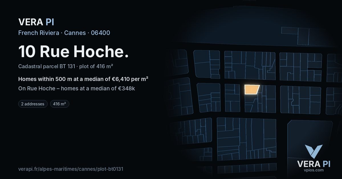 10 Rue Hoche, Cannes at night – the plot lit, the parcels around coloured by the prices near them