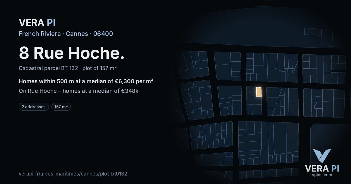 8 Rue Hoche, Cannes at night – the plot lit, the parcels around coloured by the prices near them