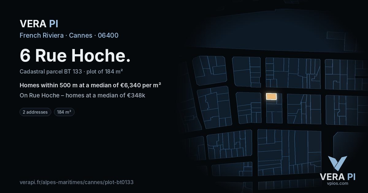 6 Rue Hoche, Cannes at night – the plot lit, the parcels around coloured by the prices near them