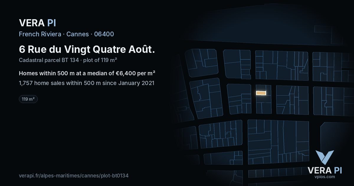 6 Rue du Vingt Quatre Août, Cannes at night – the plot lit, the parcels around coloured by the prices near them