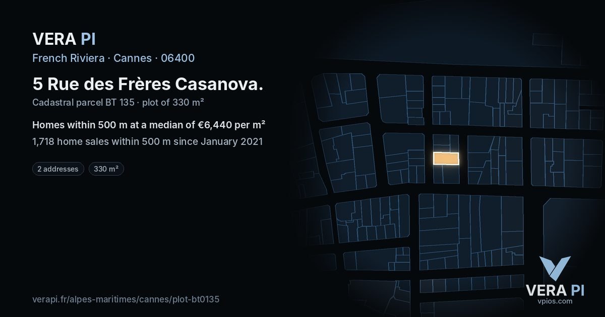 5 Rue des Frères Casanova, Cannes at night – the plot lit, the parcels around coloured by the prices near them