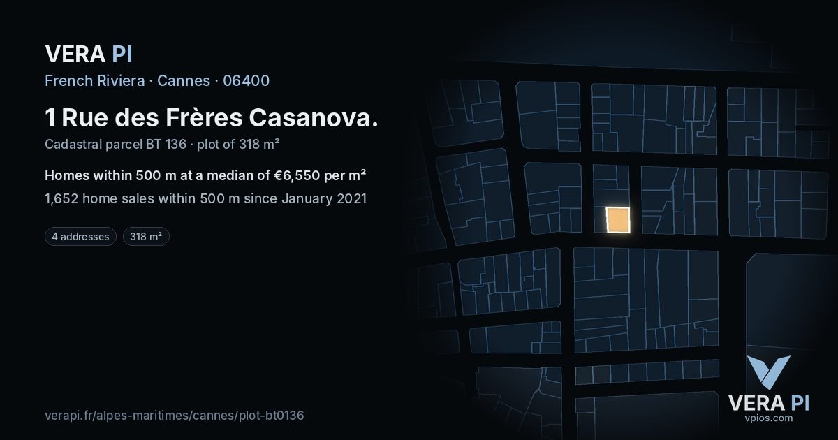 1 Rue des Frères Casanova, Cannes at night – the plot lit, the parcels around coloured by the prices near them