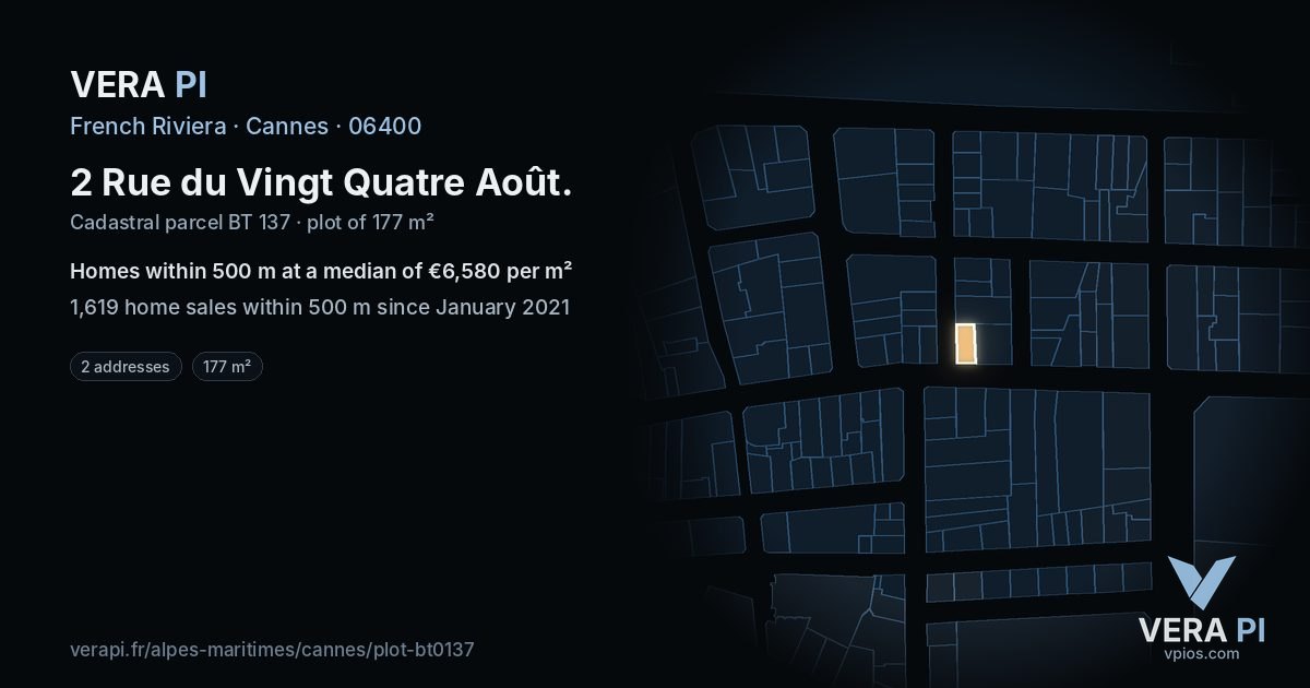 2 Rue du Vingt Quatre Août, Cannes at night – the plot lit, the parcels around coloured by the prices near them