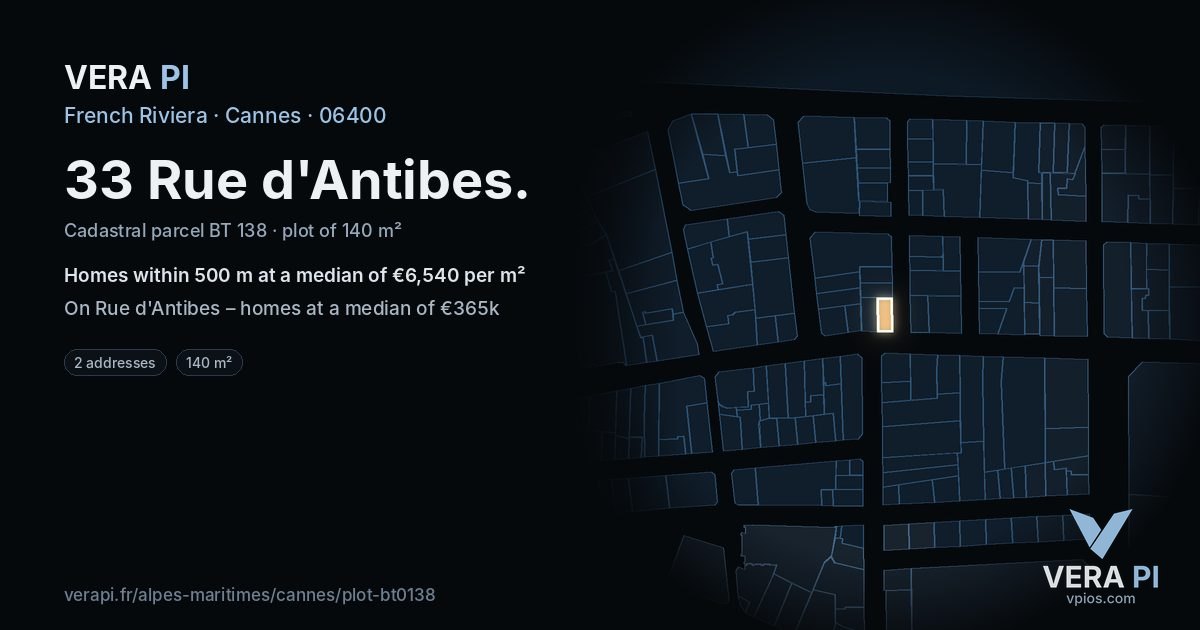 33 Rue d'Antibes, Cannes at night – the plot lit, the parcels around coloured by the prices near them