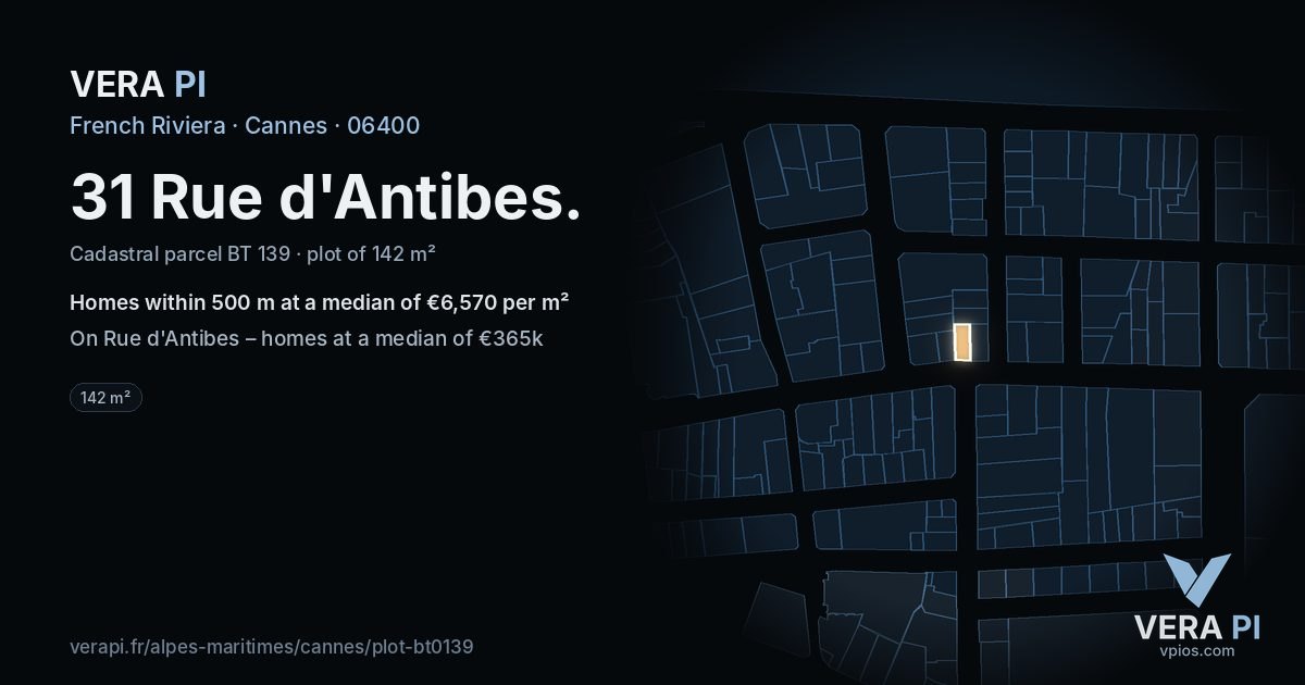 31 Rue d'Antibes, Cannes at night – the plot lit, the parcels around coloured by the prices near them