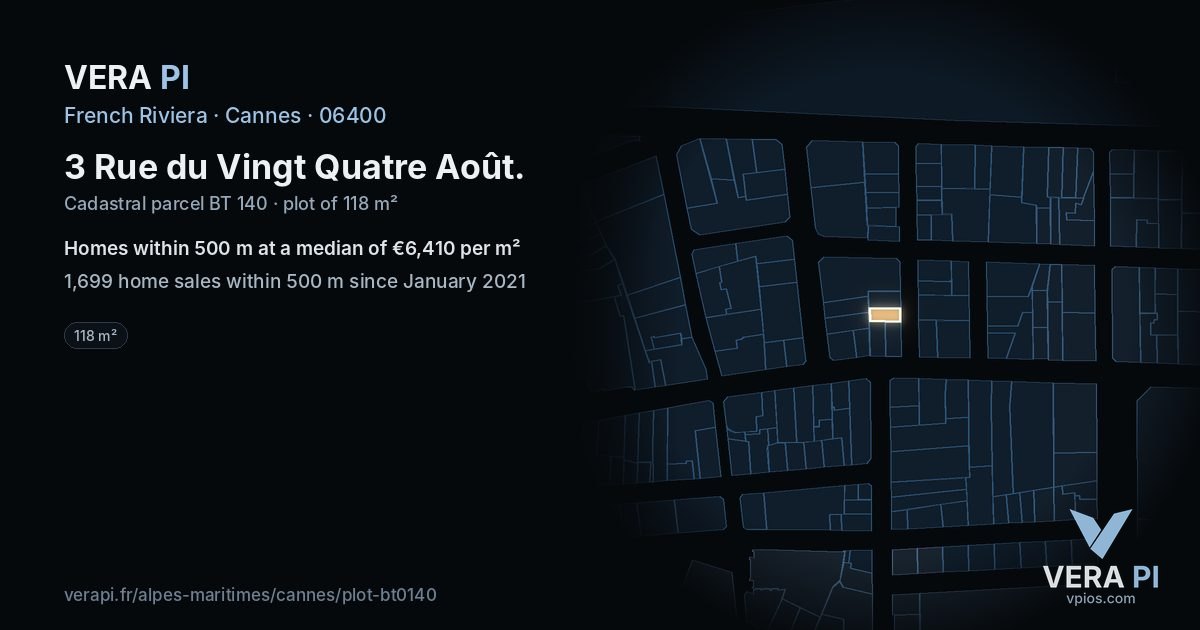 3 Rue du Vingt Quatre Août, Cannes at night – the plot lit, the parcels around coloured by the prices near them