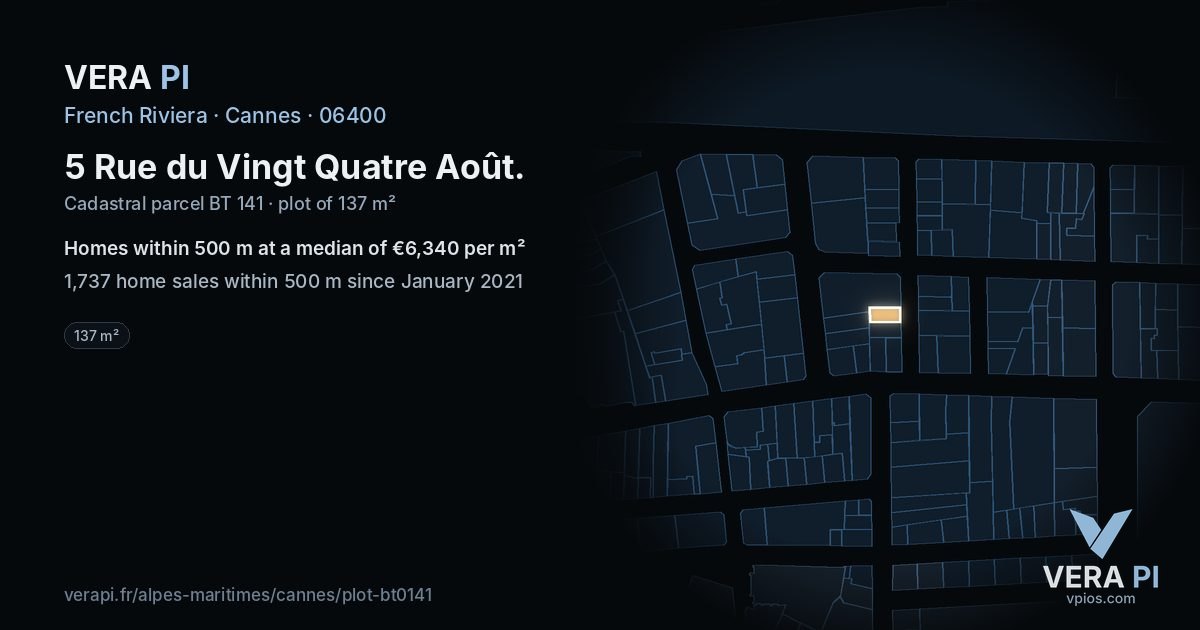 5 Rue du Vingt Quatre Août, Cannes at night – the plot lit, the parcels around coloured by the prices near them