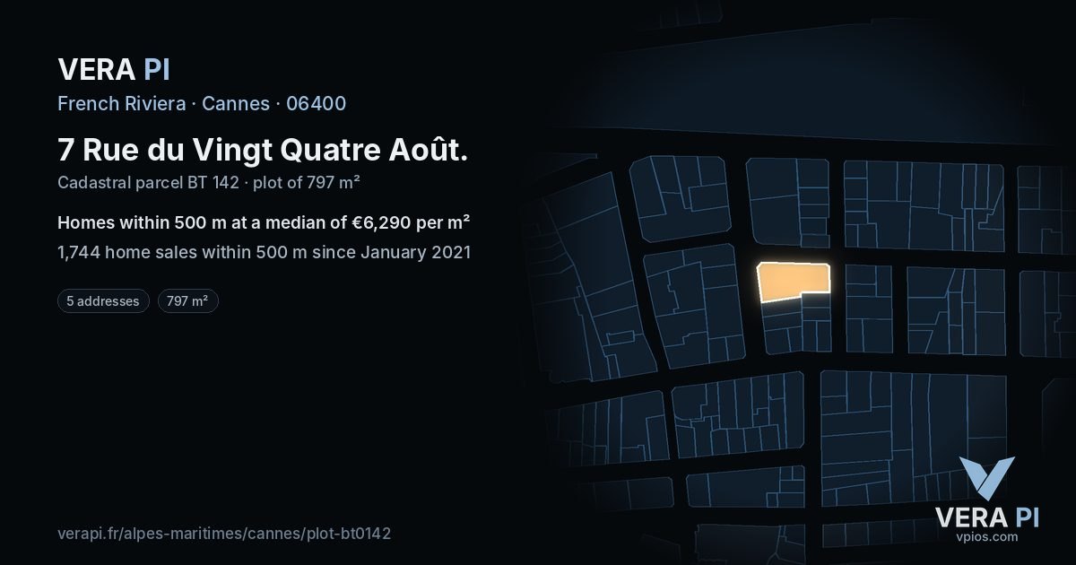 7 Rue du Vingt Quatre Août, Cannes at night – the plot lit, the parcels around coloured by the prices near them