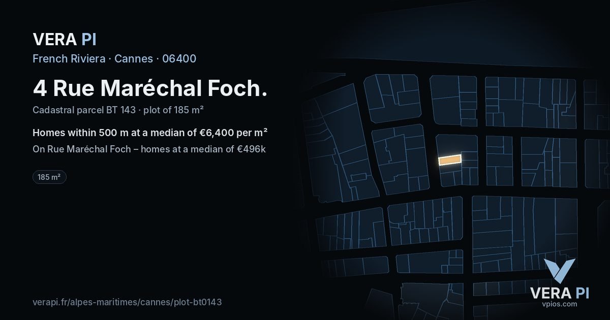 4 Rue Maréchal Foch, Cannes at night – the plot lit, the parcels around coloured by the prices near them