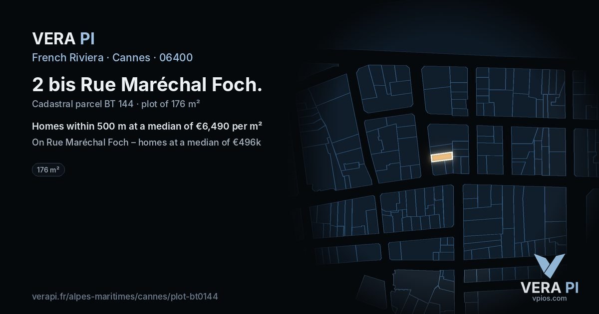 2 bis Rue Maréchal Foch, Cannes at night – the plot lit, the parcels around coloured by the prices near them