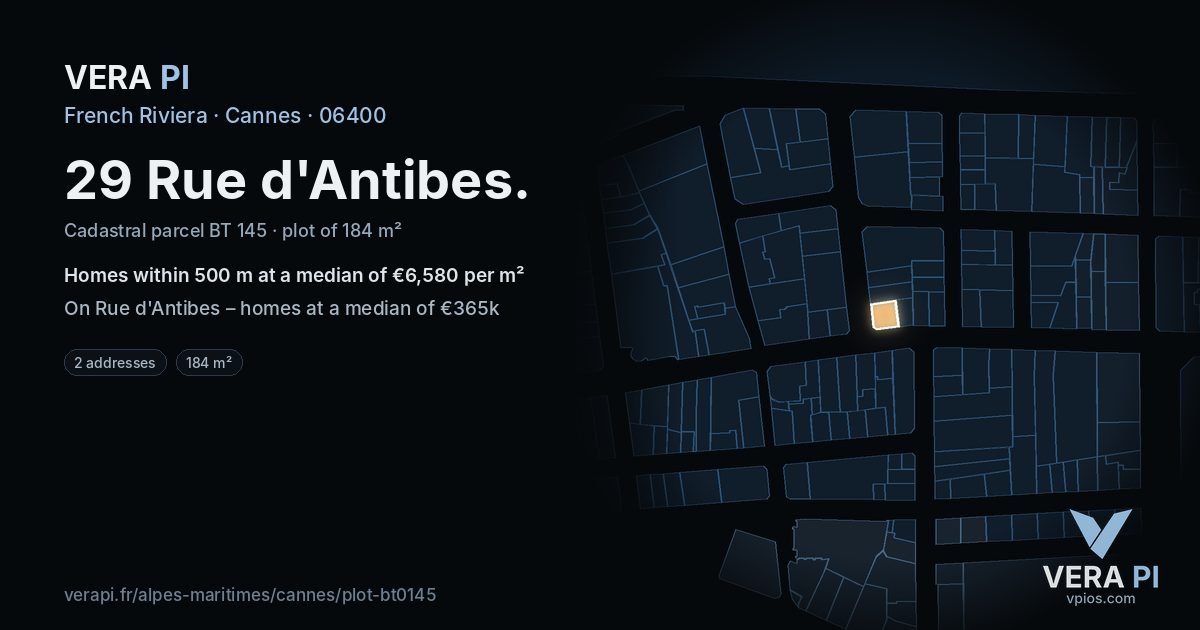 29 Rue d'Antibes, Cannes at night – the plot lit, the parcels around coloured by the prices near them