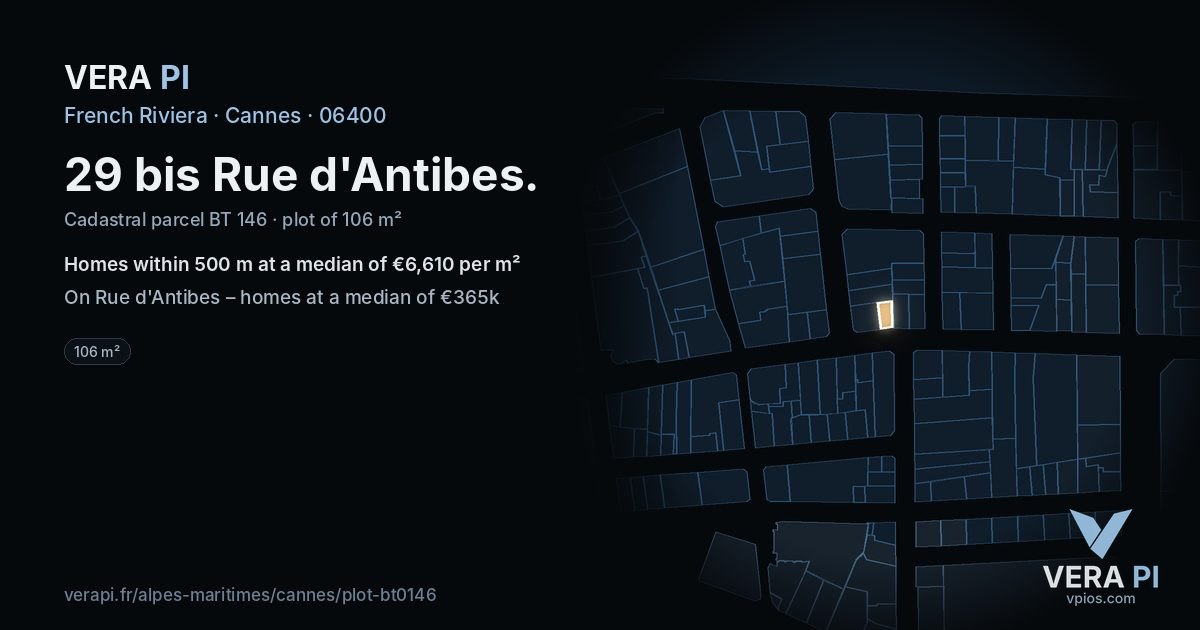 29 bis Rue d'Antibes, Cannes at night – the plot lit, the parcels around coloured by the prices near them