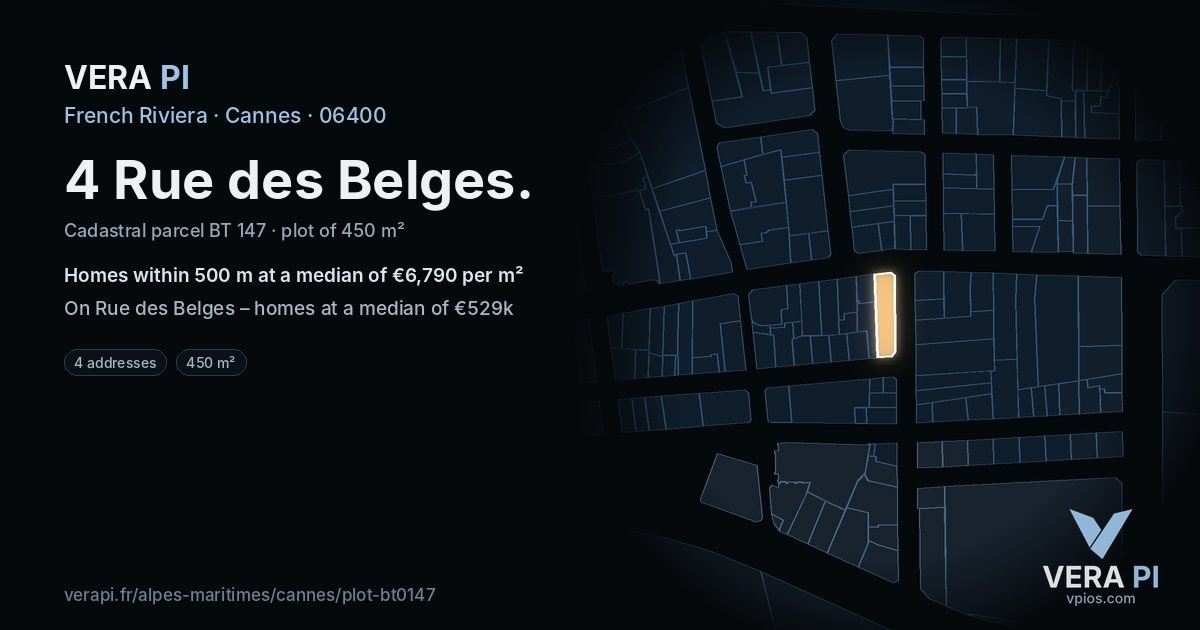 4 Rue des Belges, Cannes at night – the plot lit, the parcels around coloured by the prices near them