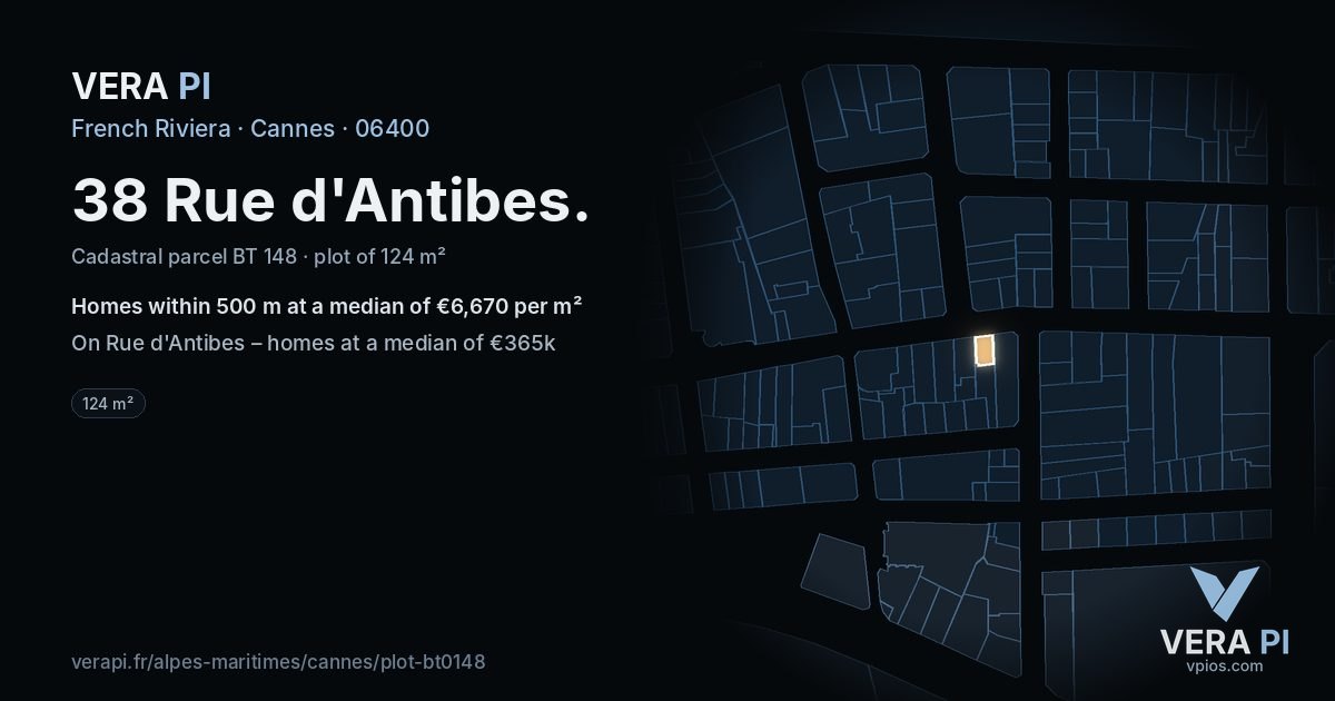 38 Rue d'Antibes, Cannes at night – the plot lit, the parcels around coloured by the prices near them