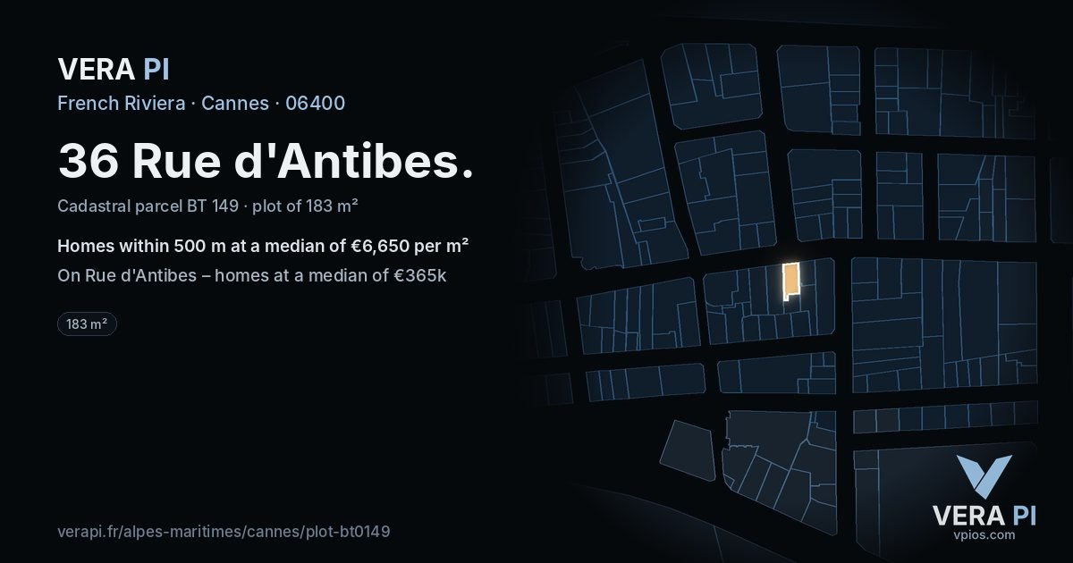 36 Rue d'Antibes, Cannes at night – the plot lit, the parcels around coloured by the prices near them