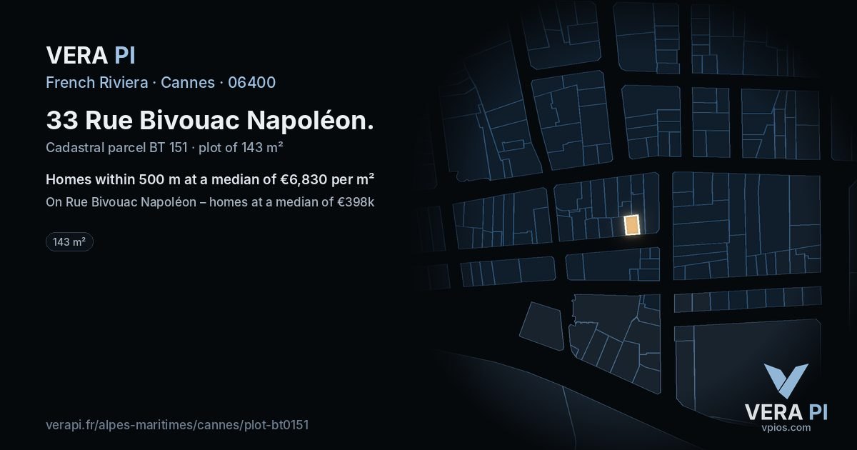 33 Rue Bivouac Napoléon, Cannes at night – the plot lit, the parcels around coloured by the prices near them
