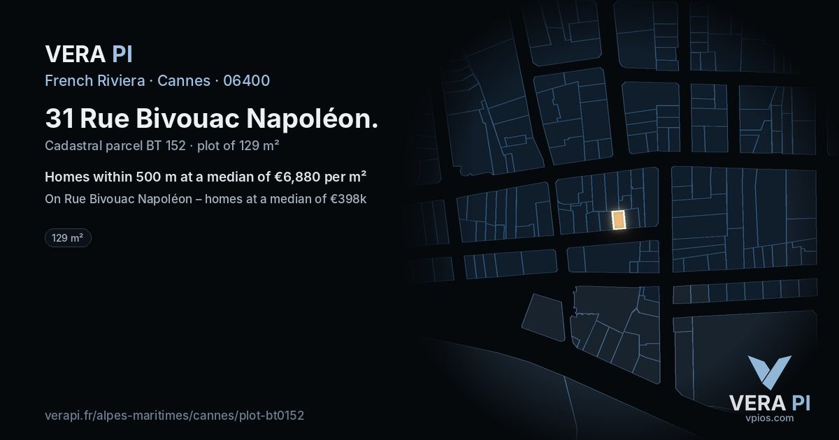 31 Rue Bivouac Napoléon, Cannes at night – the plot lit, the parcels around coloured by the prices near them