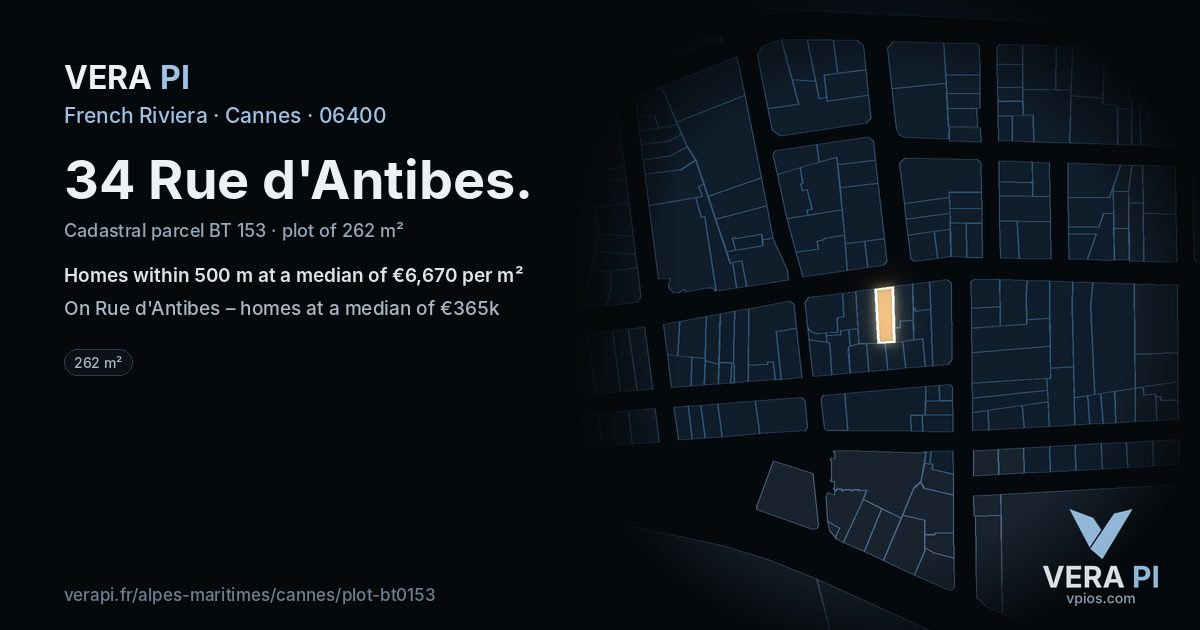 34 Rue d'Antibes, Cannes at night – the plot lit, the parcels around coloured by the prices near them