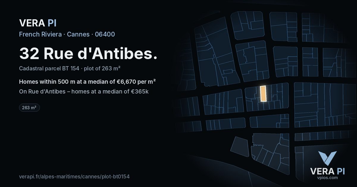 32 Rue d'Antibes, Cannes at night – the plot lit, the parcels around coloured by the prices near them