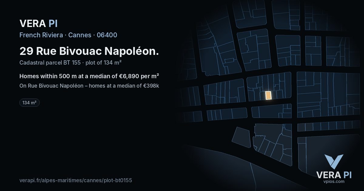 29 Rue Bivouac Napoléon, Cannes at night – the plot lit, the parcels around coloured by the prices near them