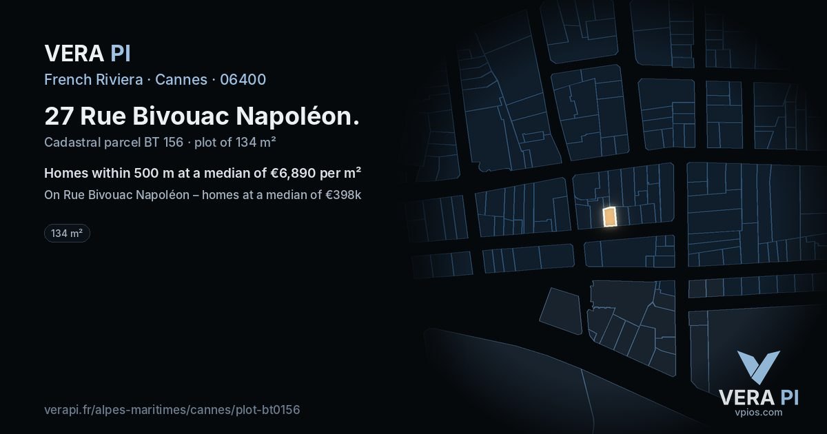 27 Rue Bivouac Napoléon, Cannes at night – the plot lit, the parcels around coloured by the prices near them