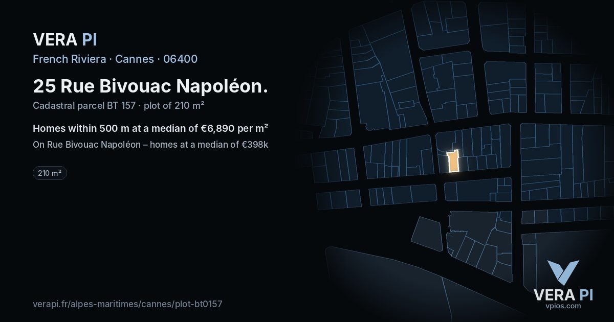25 Rue Bivouac Napoléon, Cannes at night – the plot lit, the parcels around coloured by the prices near them
