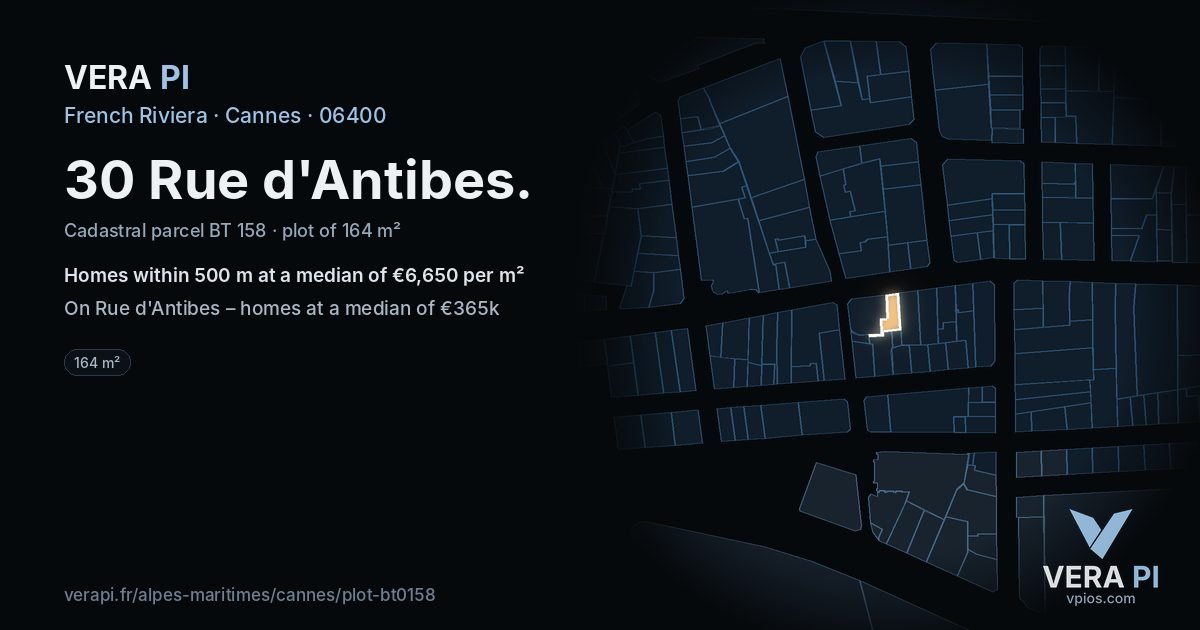 30 Rue d'Antibes, Cannes at night – the plot lit, the parcels around coloured by the prices near them