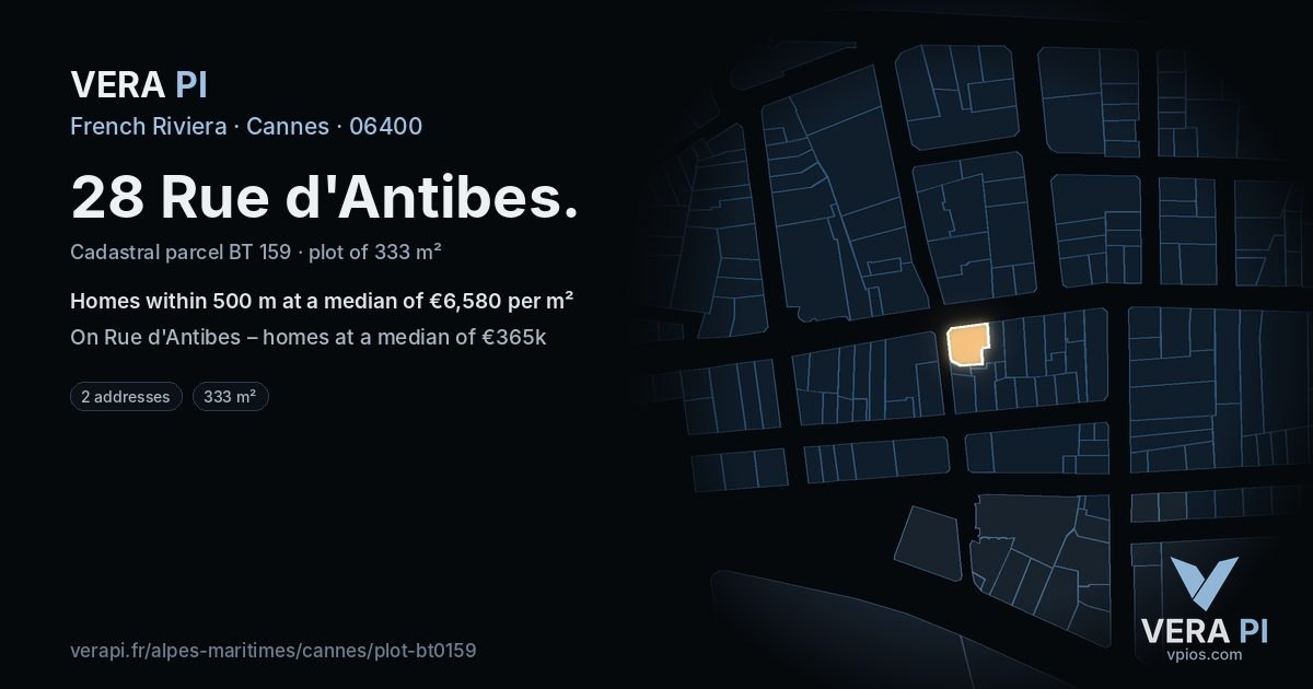 28 Rue d'Antibes, Cannes at night – the plot lit, the parcels around coloured by the prices near them