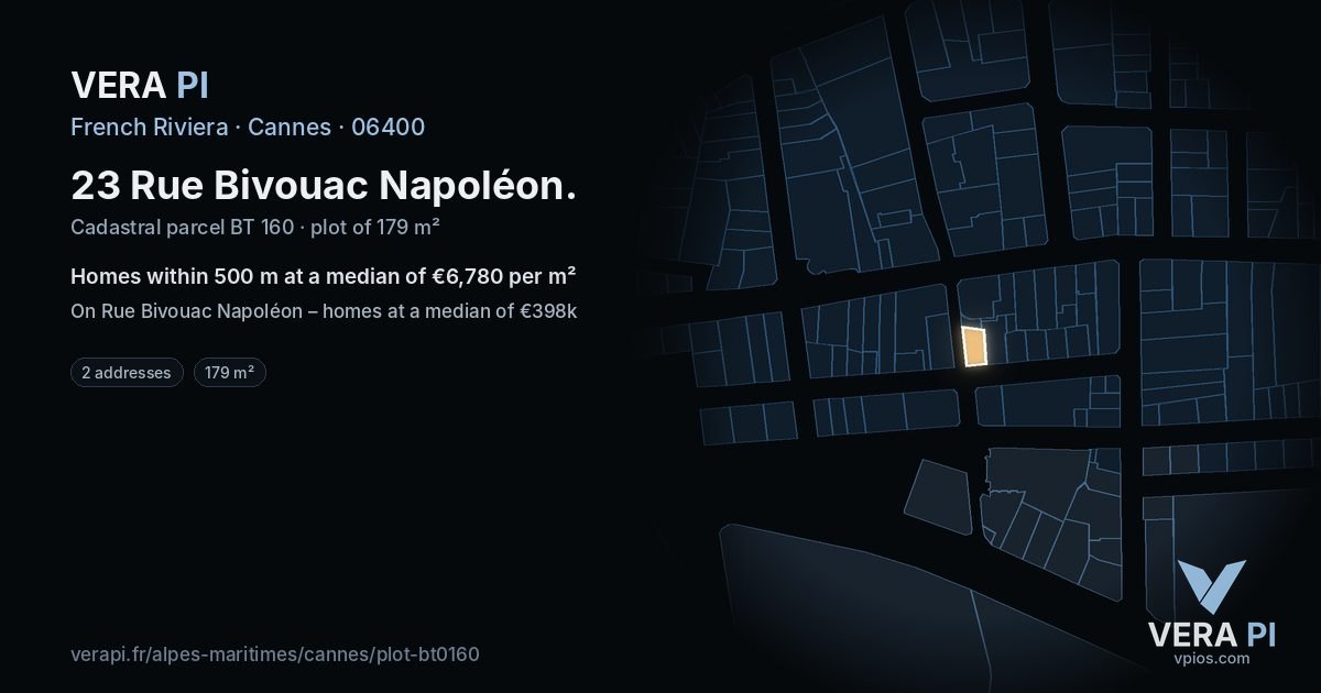 23 Rue Bivouac Napoléon, Cannes at night – the plot lit, the parcels around coloured by the prices near them
