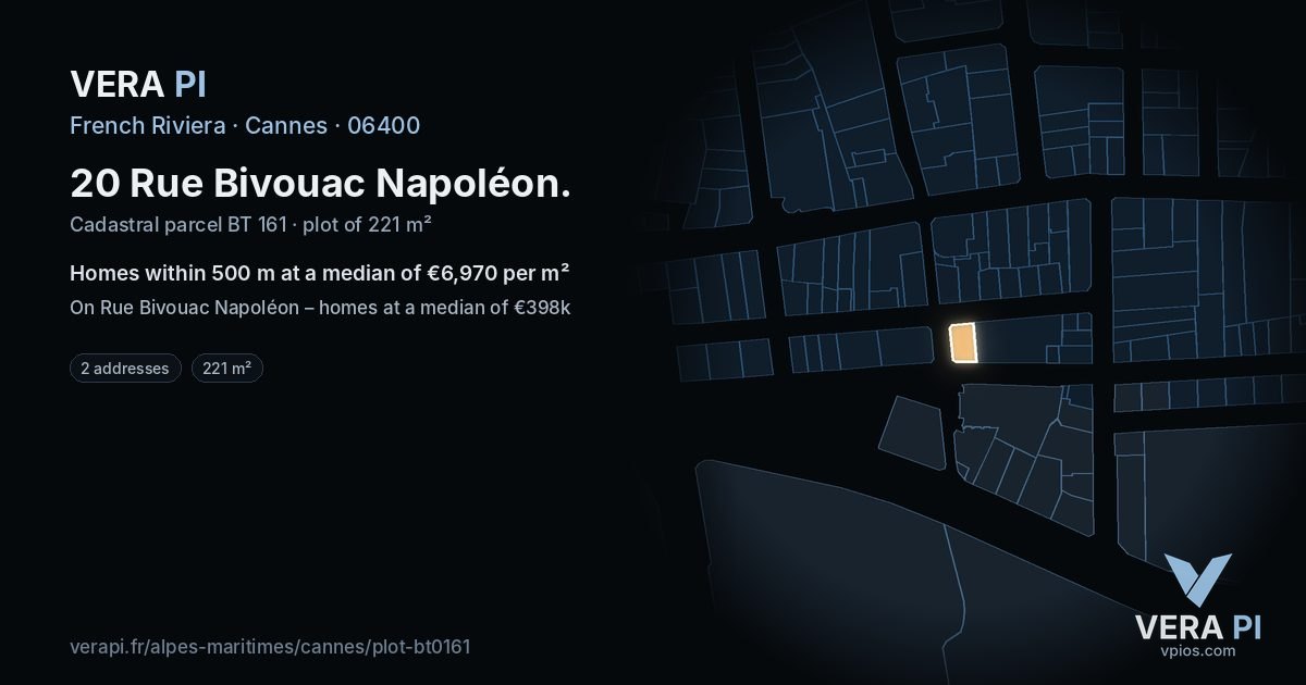 20 Rue Bivouac Napoléon, Cannes at night – the plot lit, the parcels around coloured by the prices near them