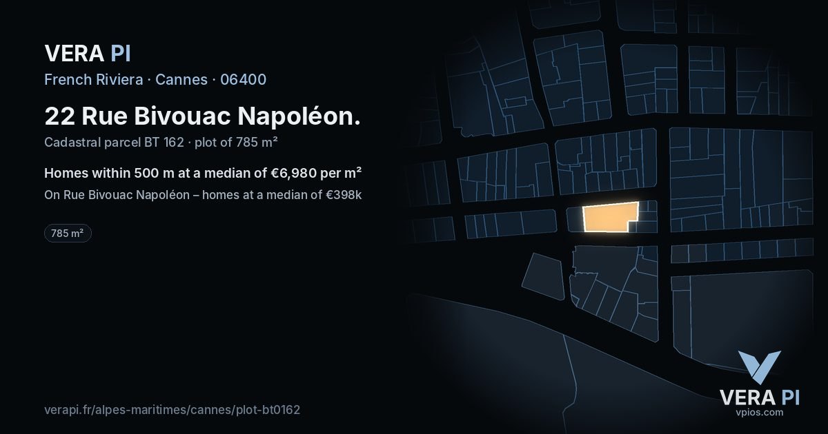 22 Rue Bivouac Napoléon, Cannes at night – the plot lit, the parcels around coloured by the prices near them