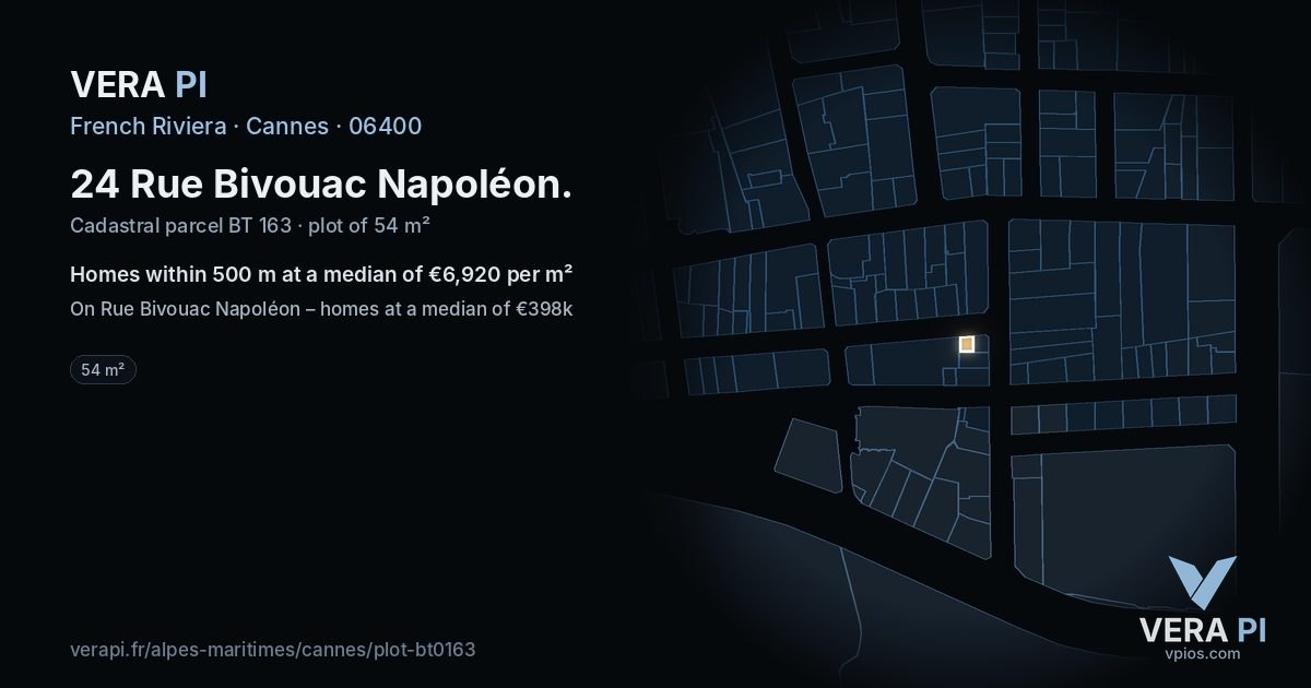 24 Rue Bivouac Napoléon, Cannes at night – the plot lit, the parcels around coloured by the prices near them