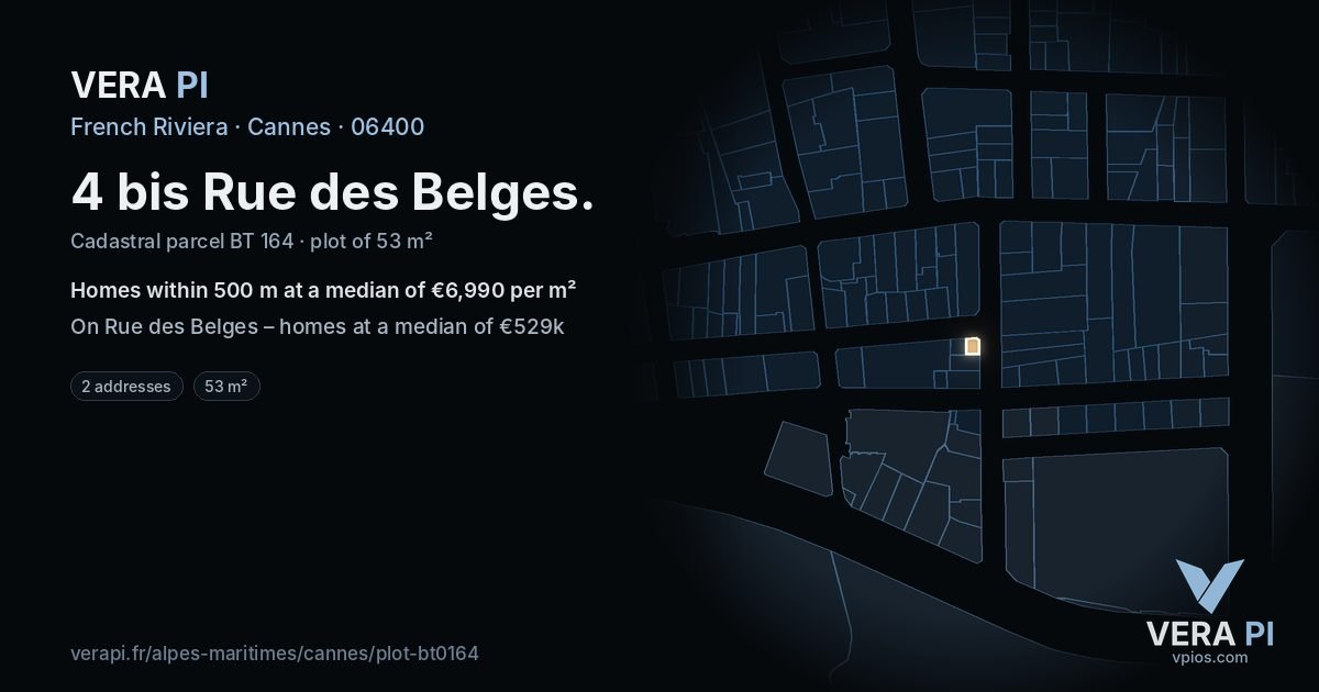 4 bis Rue des Belges, Cannes at night – the plot lit, the parcels around coloured by the prices near them