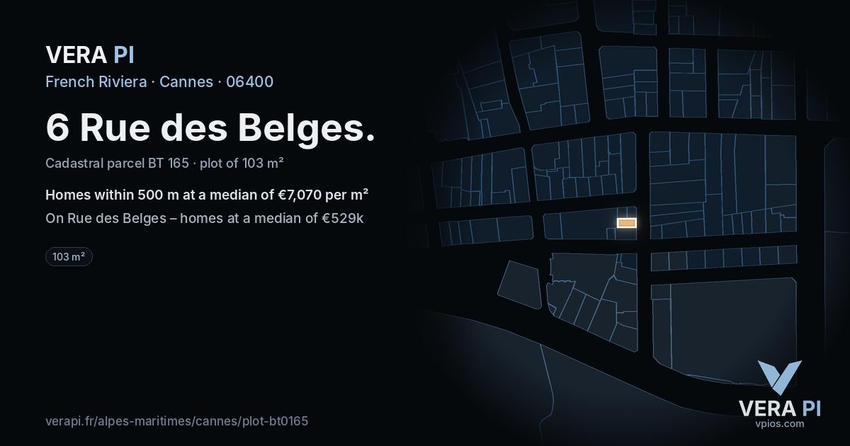 6 Rue des Belges, Cannes at night – the plot lit, the parcels around coloured by the prices near them