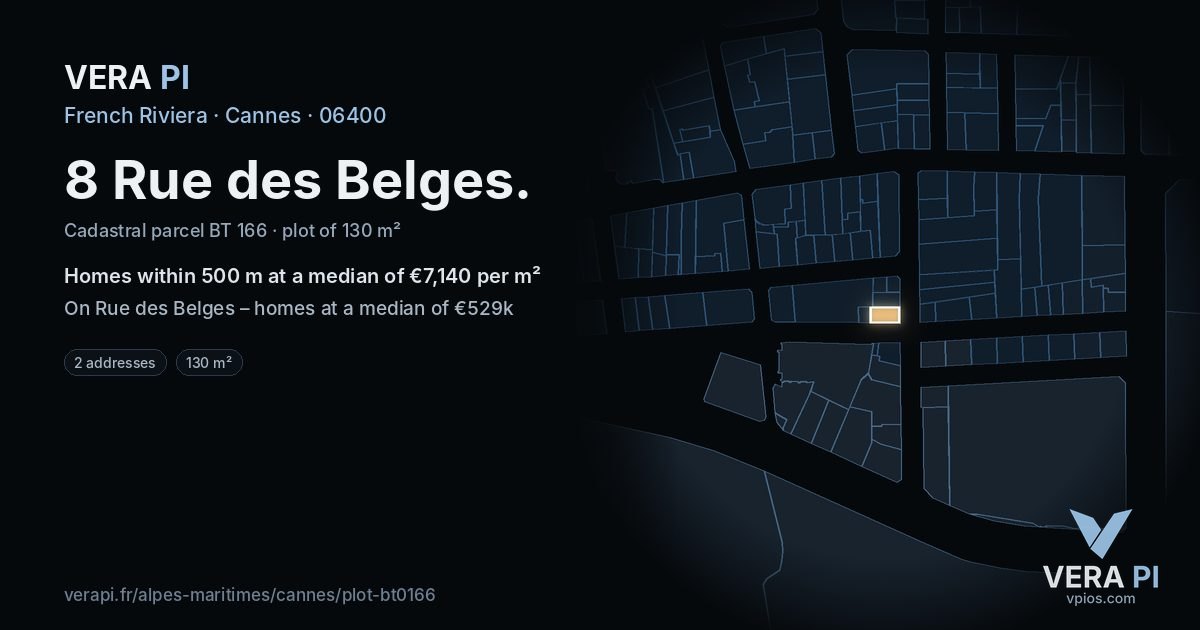 8 Rue des Belges, Cannes at night – the plot lit, the parcels around coloured by the prices near them